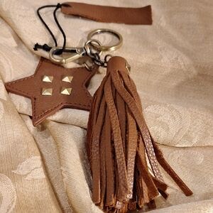 Genuine Leather Brown Star and Tassel Keychain